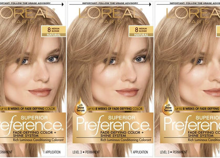 L'Oreal Paris Superior Preference Fade-Defying Shine Permanent Hair Color #8 Medium Blonde 1 Kit (Pack Of 24)