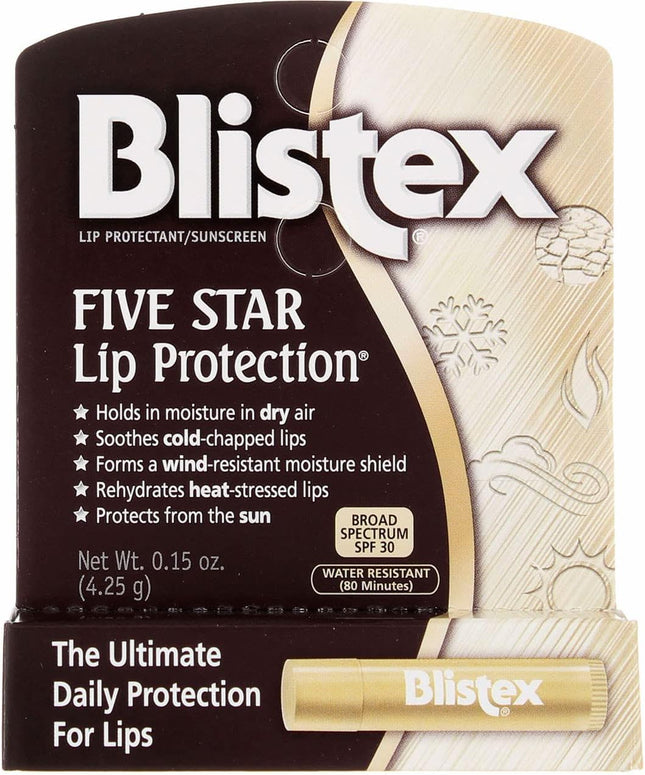 Blistex Five Star Lip Protection Balm stick, Moisture Shield with SPF 30, Wind & Water-Resistant Lip Care, 0.15 Ounce (Pack Of 24)