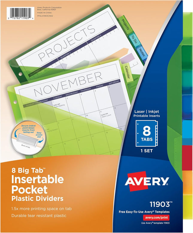 Avery  (11903) Tab Plastic Dividers with Slash Pocket, 8 Tab, Letter Size, 8-Tab (Pack Of 1)