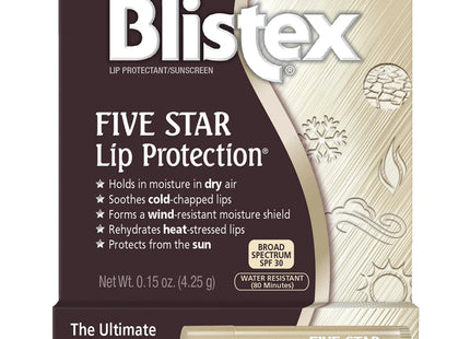 Blistex Five Star Lip Protection Balm stick, Moisture Shield with SPF 30, Wind & Water-Resistant Lip Care, 0.15 Ounce (Pack Of 12)