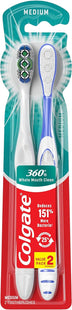 Colgate 360 Whole Mouth Clean Medium Toothbrush, Adult Toothbrush, 2 Count (Pack Of 2)