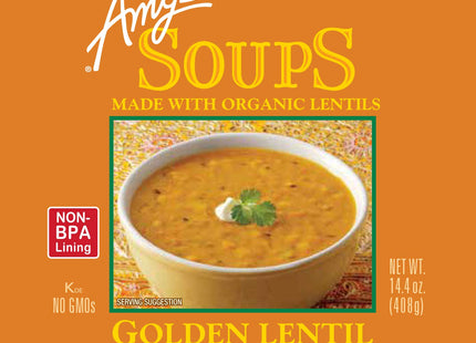 Amy’s Soup, Vegan Golden Lentil Soup, Gluten Free Indian Dal, Made With Organic Red Lentils and Yellow Split Peas, Canned Soup, 14.4 Oz