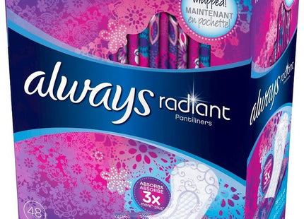 Always Radiant Pantyliners, Regular Wrapped, Unscented, 48 Count (Pack Of 12)