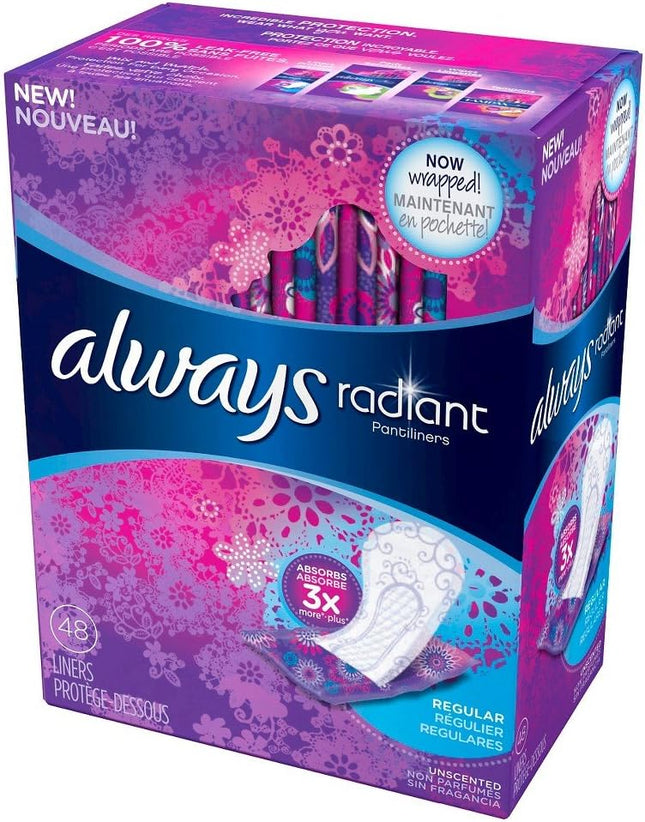 Always Radiant Pantyliners, Regular Wrapped, Unscented, 48 Count (Pack Of 2)