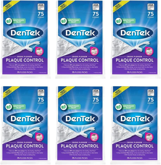 DenTek Cross Flosser Plaque Control Floss Picks X-Shaped Floss 75 Count (Pack Of 6)