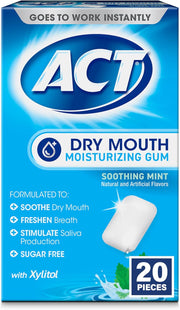 ACT Dry Mouth Moisturizing Gum, Soothing Mint, Sugar Free, 20 Count (Pack Of 5)