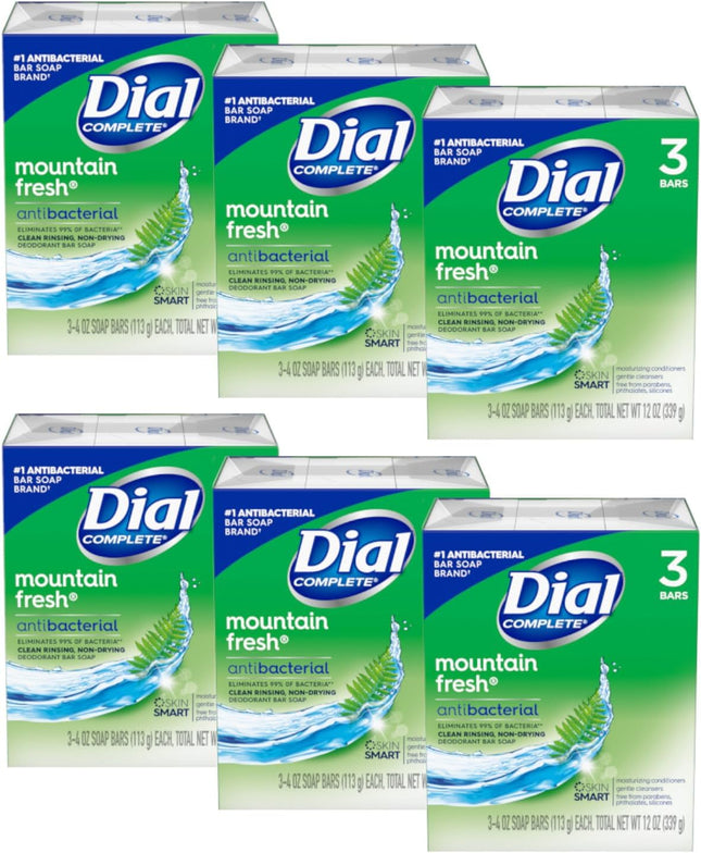 Dial Antibacterial Deodorant Bar Soap, Mountain Fresh, for Unisex, 3 Bars 4 Ounce Each (Pack Of 6)