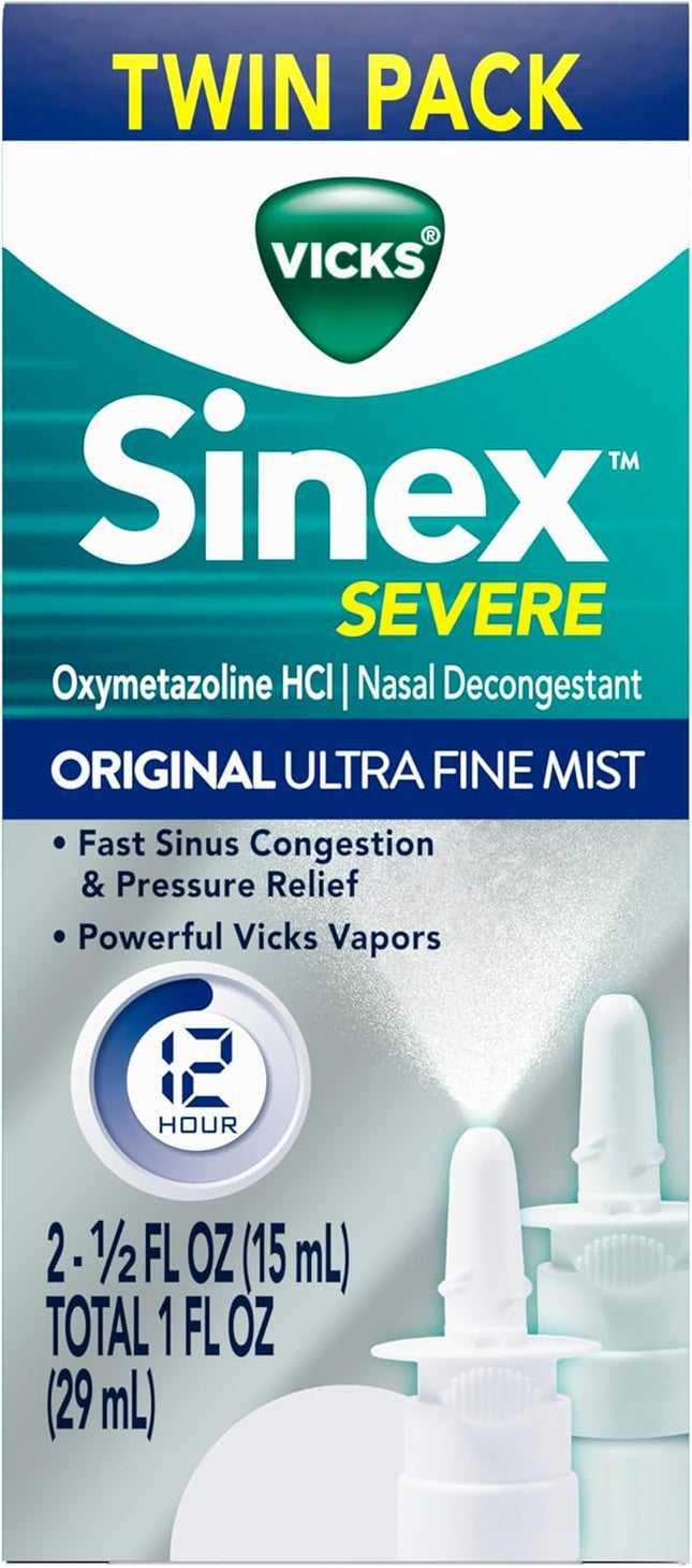 Vicks Sinex Severe Original Nasal Spray, Decongestant, 12 Hour, Fast Relief, 0.50 Ounce (Pack Of 3)