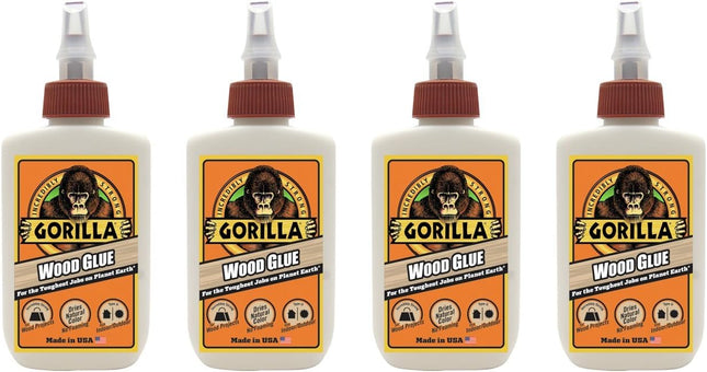 Gorilla Water Based Glue Bottle, Natural Wood Color, Indoor-Outdoor Use, 4 Ounce (Pack Of 4)