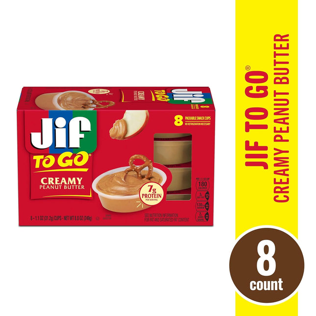 Jif To Go Creamy Peanut Butter Cups Creamy, Smooth and Creamy Texture, Snack Size Packs, 1.5 Ounce 8 Cups Each, (Pack Of 1)