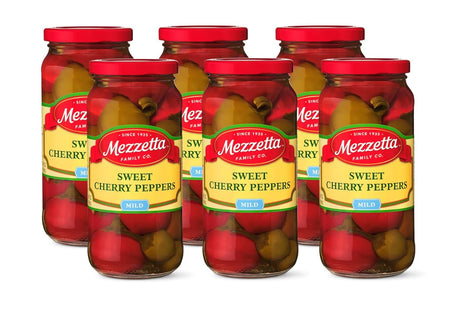 Mezzetta Sweet Cherry Peppers, Mildly Spicy. Kosher, Gluten Free, Keto, Shelf-Stable Glass Jar 16 Ounce (Pack Of 6)