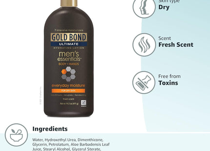 Gold Bond Men's Essentials Everyday Moisture Daily Body And Hand Lotion, With Vitamin-C 14.5 Ounce (Pack Of 2)