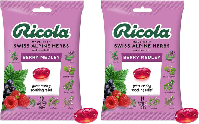 Ricola Berry Medley Bag, Cough Suppressant Throat Drops, Naturally Soothing Relief 19 Count (Pack Of 2)