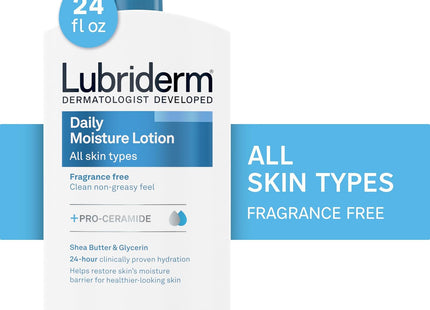 Lubriderm Daily Moisture Body Lotion, Hydrating, Pro-Ceramide, VitaminB5, Shea Butter &amp; Glycerin, For All Skin Type, Unscented, 24 Ounce (Pack Of 12)