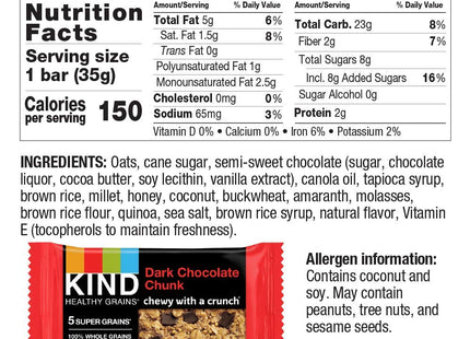 KIND Healthy Grain Bars, Gluten Free, Dark Chocolate Chunk Snack Bars, Healthy Snacks, 1.2 Ounce 5 Count Box (Pack Of 4)