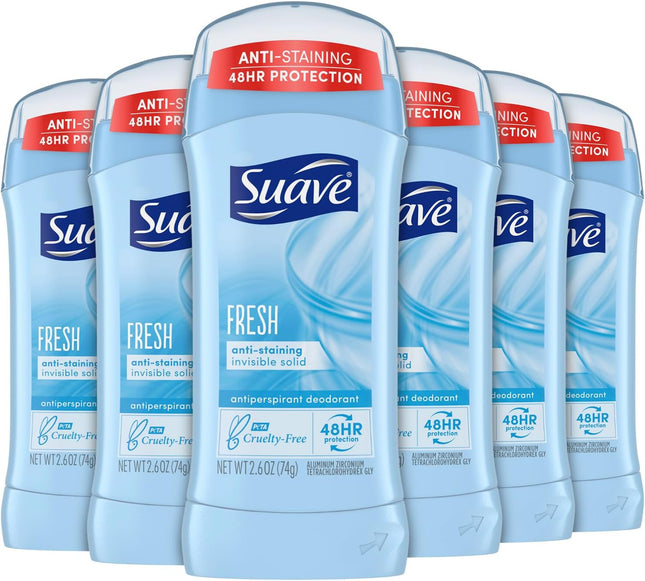 Suave 48-Hour Anti-Staining Antiperspirant & Deodorant Stick, Invisible Solid, Fresh, 2.6 Ounce (Pack Of 6)