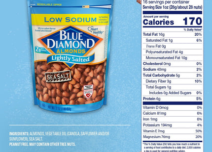 Blue Diamond Almonds, Low Sodium, Lightly Salted, Snack Nuts, Resealable Bag, 16 Ounce (Pack Of 24)