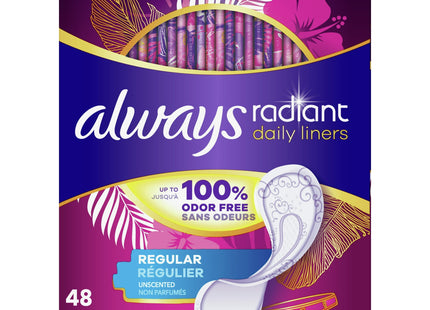 Always Radiant Pantyliners, Regular Wrapped, Unscented, 48 Count (Pack Of 12)