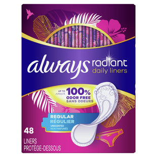 Always Radiant Pantyliners, Regular Wrapped, Unscented, 48 Count (Pack Of 12)