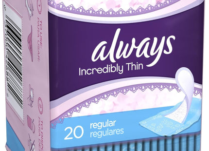 Always Incredibly, Thin Daily Panty  Liners, Regular, Unscented 20 Count (Pack Of 1)