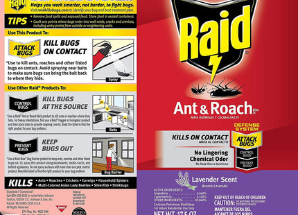 Raid Ant & Roach Killer Spray 26, Indoor and Outdoor Insecticide, Lavender Scent, Aerosol Spray, 17.5 Ounce (Pack Of 3)