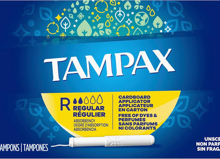 Tampax Cardboard Tampons, Regular, Absorbency, Anti-Slip Grip, Leak-Guard Skirt, Unscented, 10 Count (Pack Of 24)