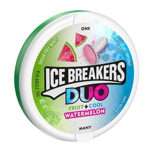 Ice Breakers Duo Fruit + Cool, Watermelon Flavored, cooling crystal, Sugar Free Mints Candy, 1.3 Ounce (Pack Of 6)