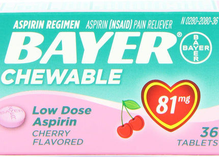 Bayer Chewable Aspirin Regimen Low Dose Pain Reliever Tablets 81mg Cherry 36 Ct (Pack Of 12)