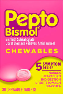 Pepto Bismol Chewable Tablets, for Indigestion Upset Stomach and Diarrhea, 5 Symptom, Fast Relief, Original Flavor, 30 Count (Pack Of 24)