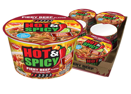 Nissin Bowl Noodles, Hot & Spicy, Beef Flavor, Ramen Noodle Soup, Non-MSG, Shelf-Stable, 3.28 Ounce (Pack Of 6)