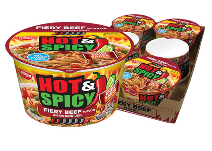 Nissin Bowl Noodles, Hot & Spicy, Beef Flavor, Ramen Noodle Soup, Non-MSG, Shelf-Stable, 3.28 Ounce (Pack Of 6)