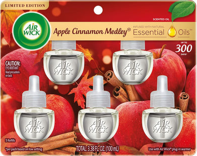 Air Wick Plug in Scented Oil Refill, Apple Cinnamon Medley, Air Freshener, Essential Oils, Fall Scent, 5 Count, (Pack Of 12)