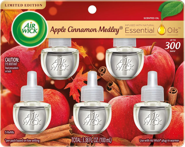 Air Wick Plug in Scented Oil Refill, Apple Cinnamon Medley, Air Freshener, Essential Oils, Fall Scent, 5 Count, (Pack Of 1)