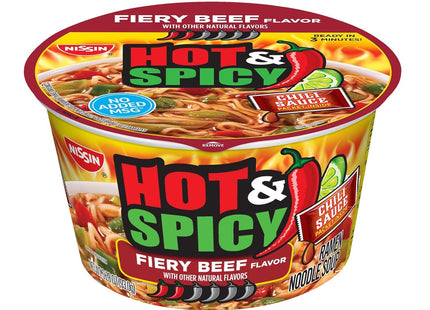 Nissin Bowl Noodles, Hot & Spicy, Beef Flavor, Ramen Noodle Soup, Non-MSG, Shelf-Stable, 3.28 Ounce (Pack Of 6)