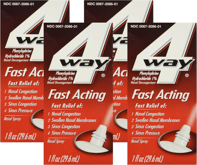 4Way Fast Acting Nasal Spray for Sinus Congestion Relief 1 Fl Oz Spray Bottle (Pack Of 4)