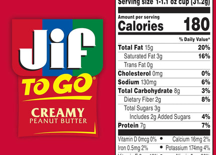 Jif To Go Creamy Peanut Butter Cups Creamy, Smooth and Creamy Texture, Snack Size Packs, 1.5 Ounce 8 Cups Each, (Pack Of 1)