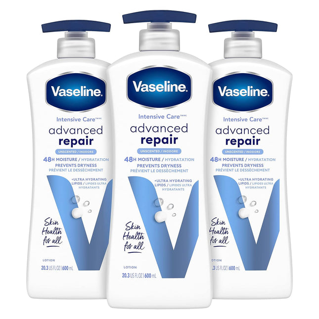 Vaseline Intensive Care Advanced Repair Moisture, All Skin, Pump Body Lotion, Fragrance Free, 20.3 fl Ounce (Pack Of 3)