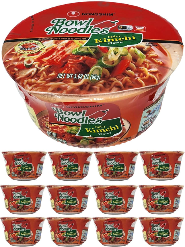 Nongshim Bowl Instant Noodle Ramen Soup, Spicy Kimchi Soup flavor, 3.03 Ounce (Pack Of 12)