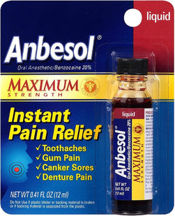 Anbesol Liquid Maximum Strength Oral Anesthetic Liquid, Instant Oral Pain Relief 0.41 Ounce (Pack Of 12)