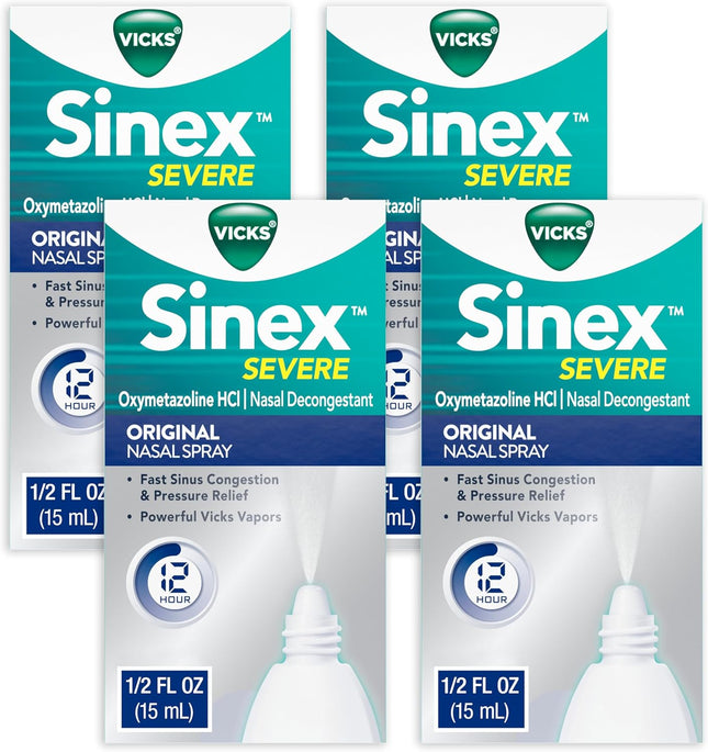 Vicks Sinex Severe Original Nasal Spray, Decongestant, 12 Hour, Fast Relief, 0.50 Ounce (Pack Of 4)