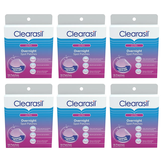 Clearasil Overnight Spot Patches, Advanced Healing, Hydrocolloid Acne Pimple Trea, 18 Count (Pack Of 6)