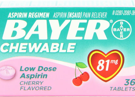 Bayer Chewable Aspirin Regimen Low Dose Pain Reliever Tablets 81mg Cherry 36 Ct (Pack Of 12)