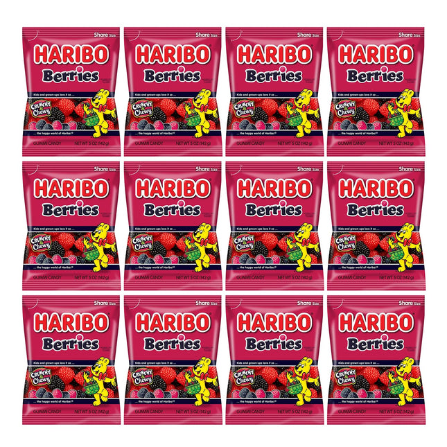 Haribo Delicious Raspberries Gummi Crunch Candy, Soft & Chewy, Red & Black Berry Fruit Flavor 5 ounce (Pack Of 12)