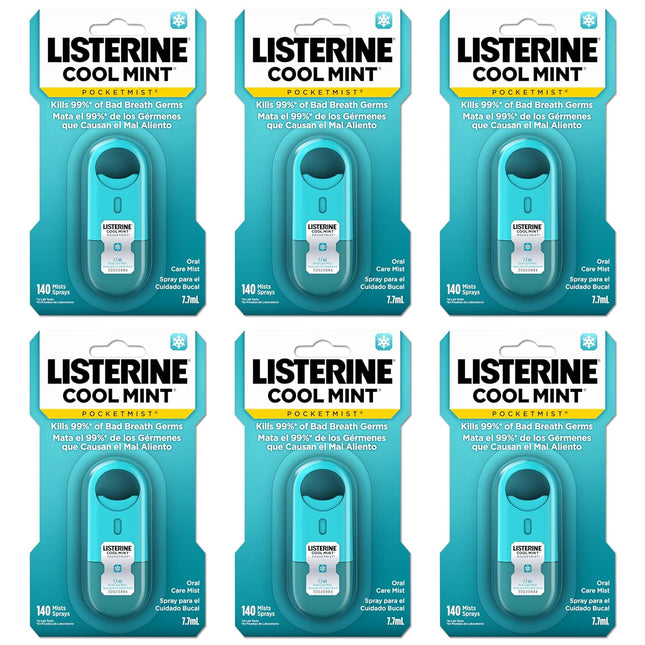 Listerine Cool Mint Pocket mist, Oral Care Mist for Fresh Breath, Non-Aerosol Sugar-Free Minty Spray, 0.26 fl Ounce (Pack Of 6)