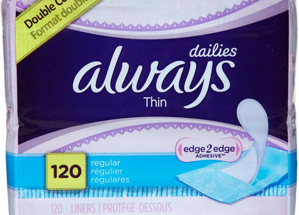 Always Thin Daily Panty Liners For Women, Light Absorbency, Unscented, 120 Count (Pack Of 1)