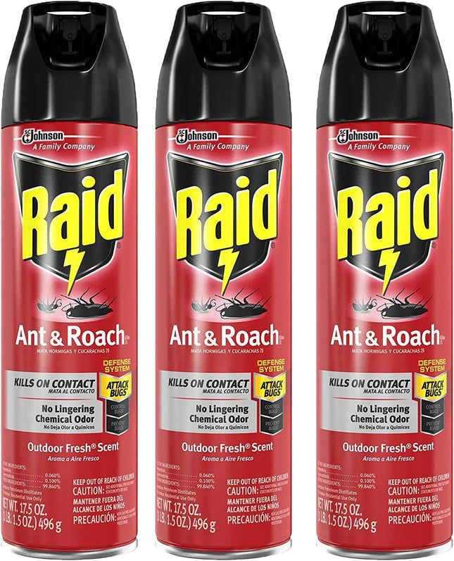 Raid Ant & Roach Killer Defense System, Outdoor, Aerosol, Fresh Scent 17.5 Ounce (Pack Of 3)