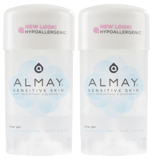 Almay  AntiPerspirant & Deodorant, Hypoallergenic, Dermatologist Tested for Sensitive Skin, Fragrance Free, Clear Gel, 2.25 Ounce (Pack Of 2)