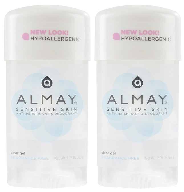 Almay  AntiPerspirant & Deodorant, Hypoallergenic, Dermatologist Tested for Sensitive Skin, Fragrance Free, Clear Gel, 2.25 Ounce (Pack Of 2)