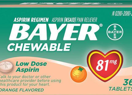 Bayer Orange Flavor, Low Dose, Aspirin, Pain Reliever, 81mg ,36ct (Pack Of 4)