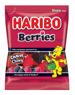 Haribo Delicious Raspberries Gummi Crunch Candy, Soft & Chewy, Red & Black Berry Fruit Flavor 5 ounce (Pack Of 24)